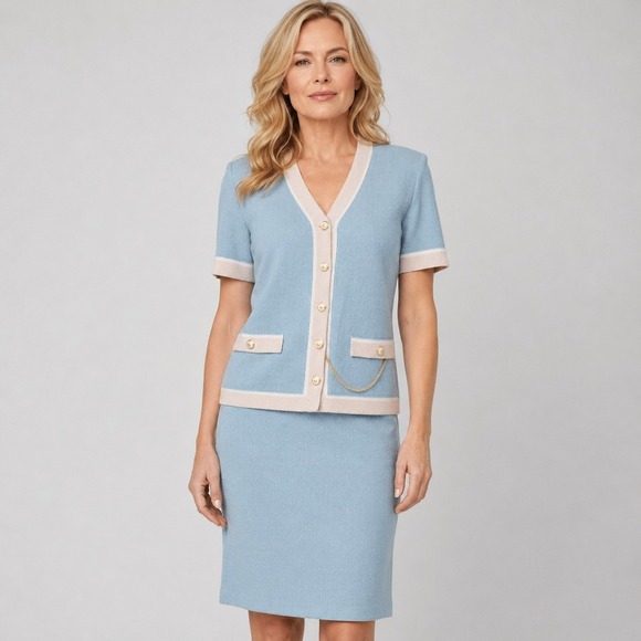 St. John Jackets & Blazers - VTG ST. JOHN Marie Gray Size 6 Light Blue Santana Knit SS Jacket & Pencil Skirt